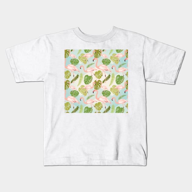 Hand drawn pink flamingo and monstera leaves. Seamless pattern Kids T-Shirt by AnaMOMarques